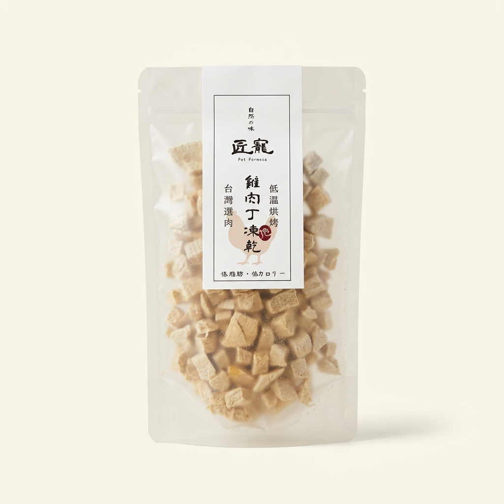 匠寵雞肉丁凍乾透明袋包裝，暖白背景商品示意照